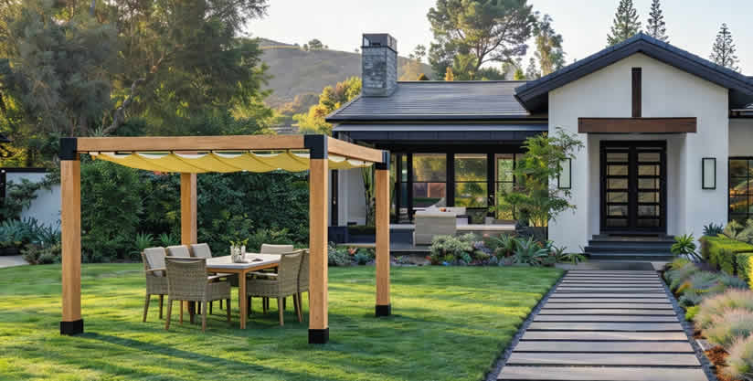 lesena pergola ob hiši na vrtu s pomično streho